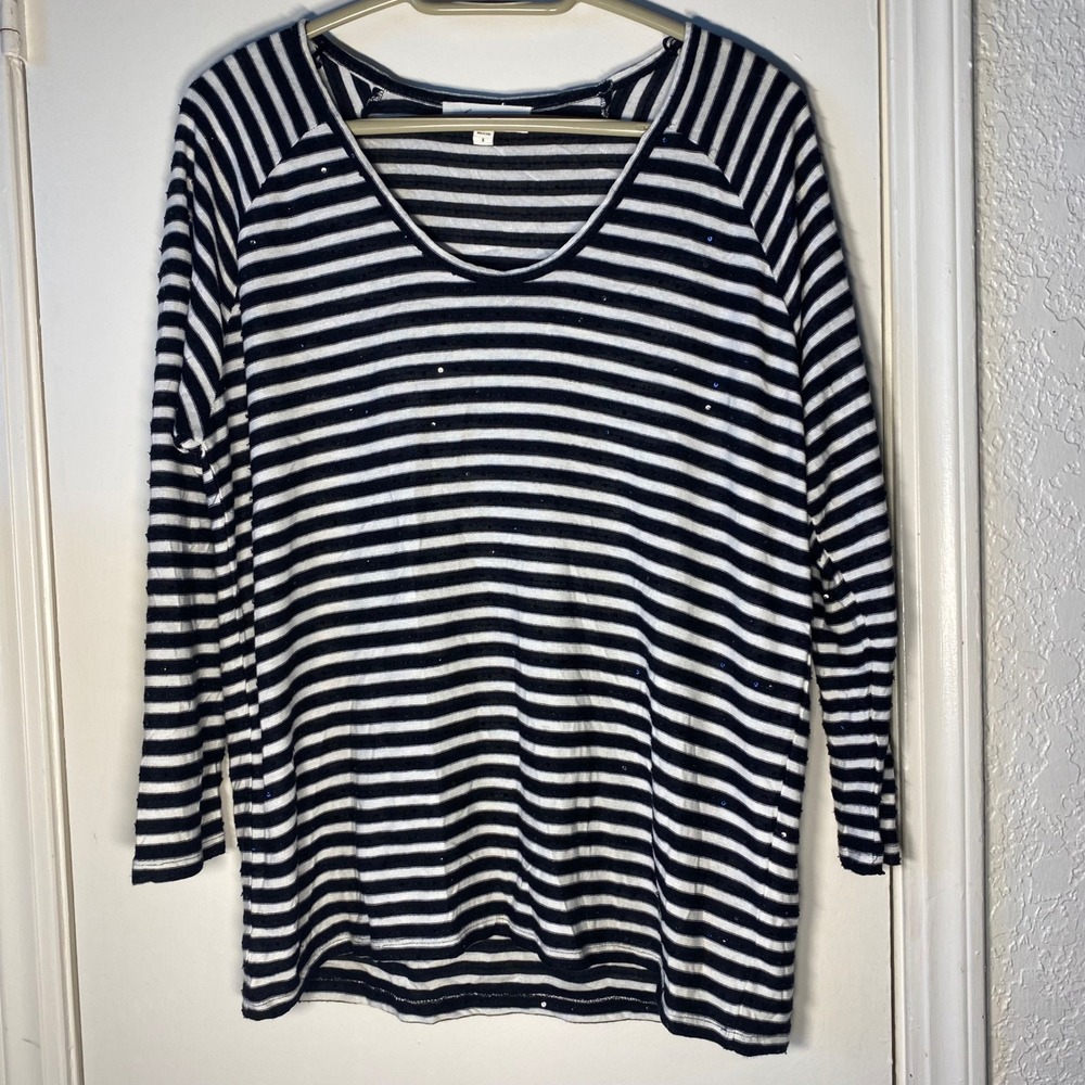 Two by Vince Camuto Black White Striped Sequin Long Sleeve Top NWT Size S